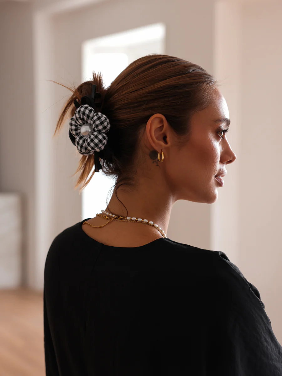 Pearl Floral Black Plaid Haarklammer - Image 4